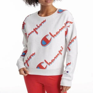 Champion Grey Reverse Weave All Over Logo Crew Neck Sweater sweatshirt medium